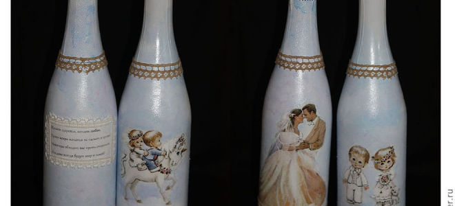 Свадебный декупаж бутылки шампанского: 5 идей для воплощения